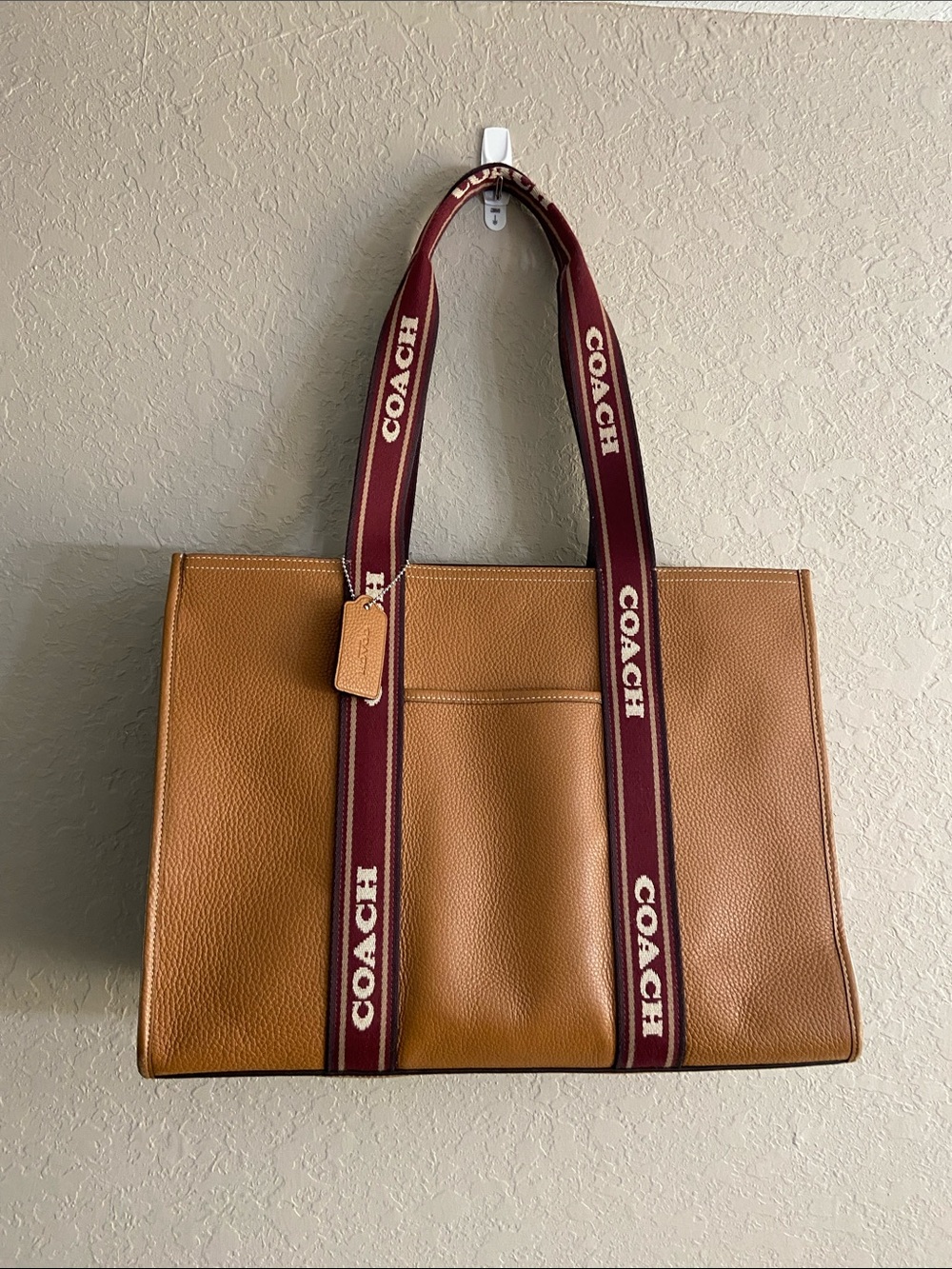 Coach Tan Tote with Burgundy Logo Straps